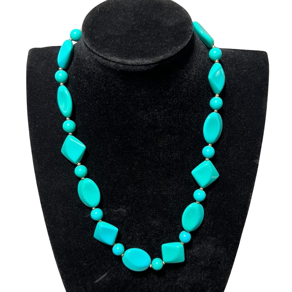 Vintage 60s Lucite Turquoise Chunky Blue Geometric Bead Necklace Hong Kong Mid